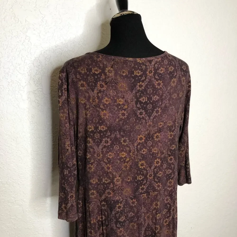 Peruvian Connection maroon purple gold floral midi dress size Extra Large XL